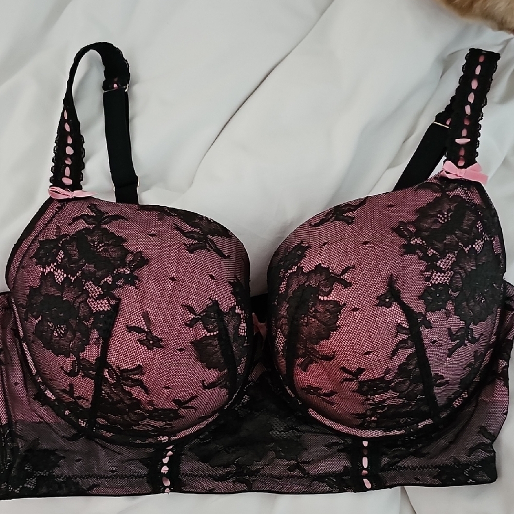 Cacique Pink and Black Lace Longline Boost Balconette Bra